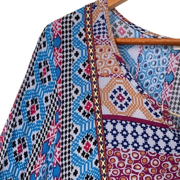 Velzera Bohemian Multicolor Front Tassel Tie Bell Flare Sleeve Mini Dress Small - Picture 3 of 6